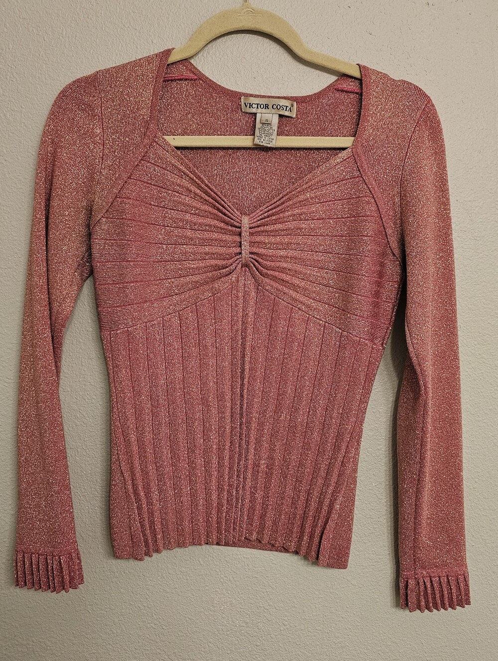 Victor Costa Pink Metallic Ribbed Long Sleeve Top